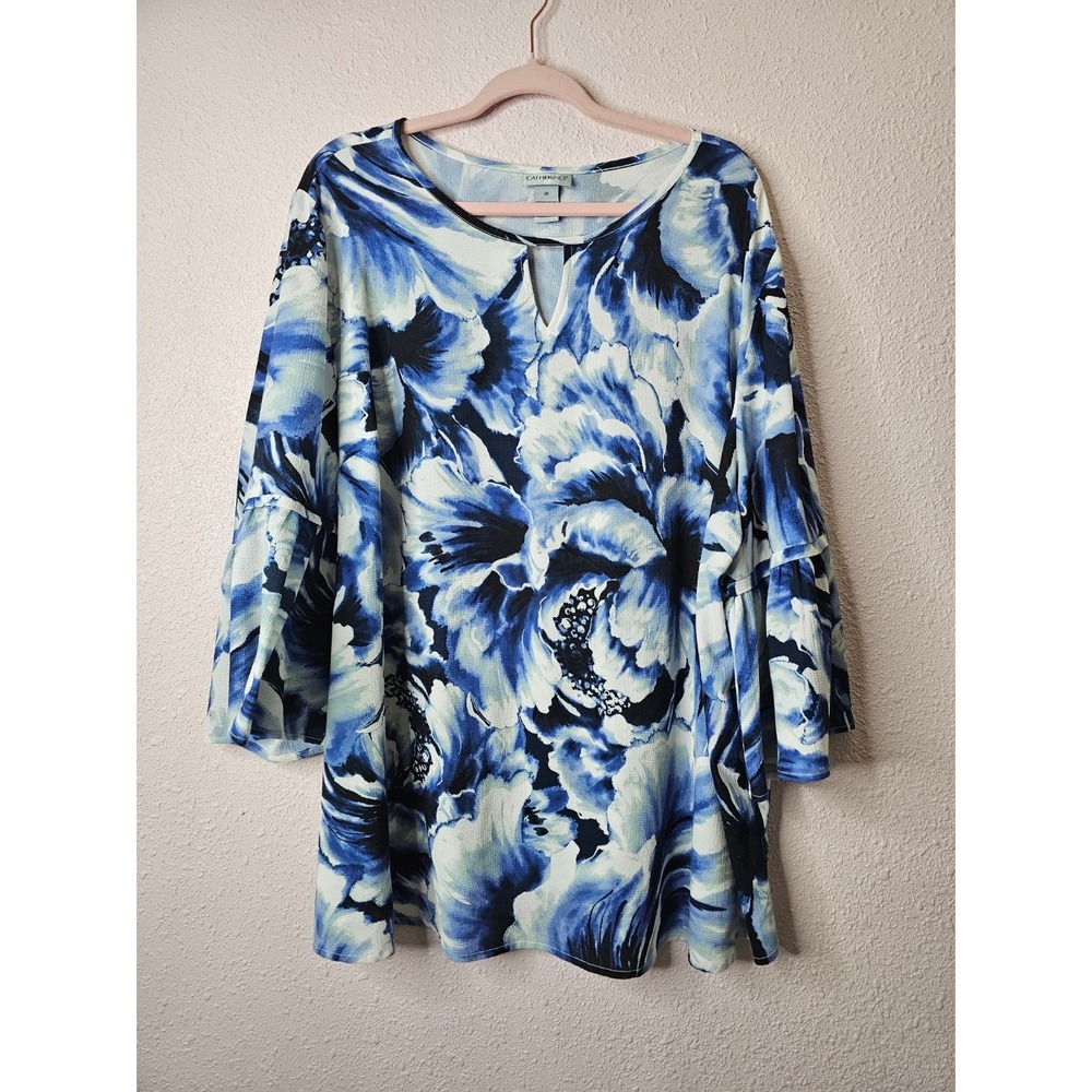 Catherines 3X Blue Floral Tiered Bell Sleeve V-Neck Blouse Plus Size Tunic Top